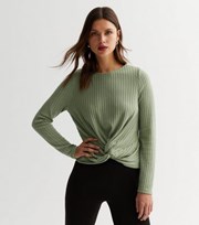 New Look Olive Brushed Ribbed Knit Twist Front Top